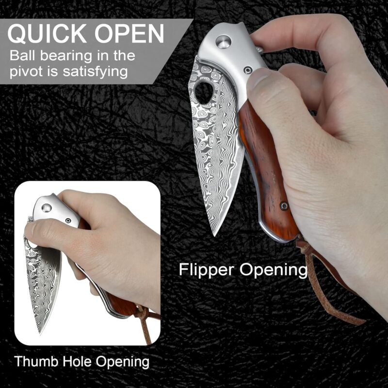 Premium Damascus Pocket Knife with Wood Handle - Image 5