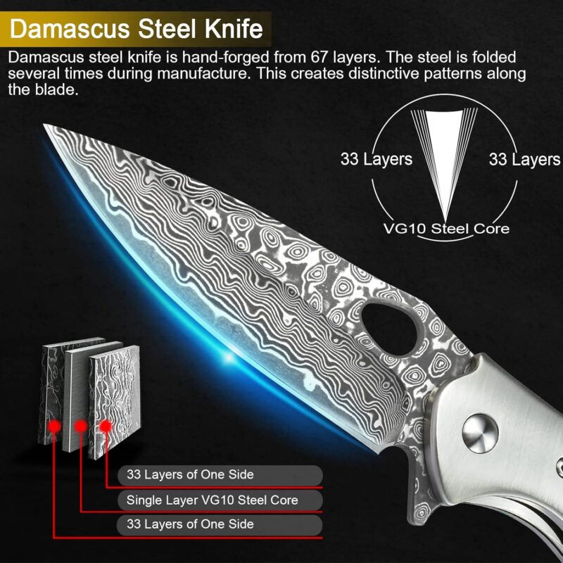 Premium Damascus Pocket Knife with Wood Handle - Image 2