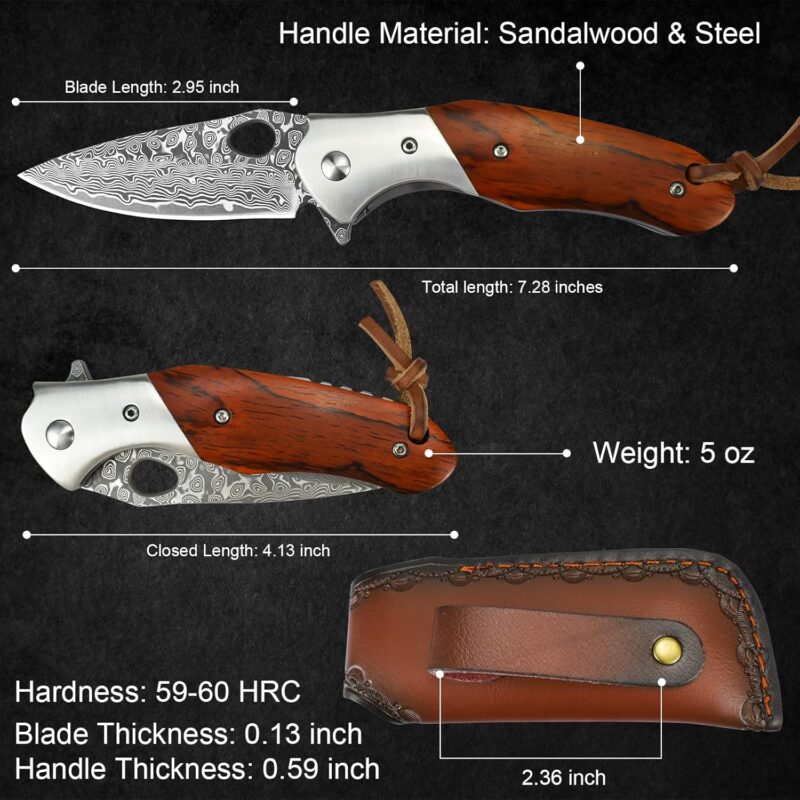 Premium Damascus Pocket Knife with Wood Handle - Image 4