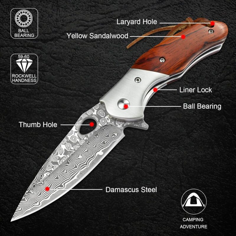 Premium Damascus Pocket Knife with Wood Handle - Image 3